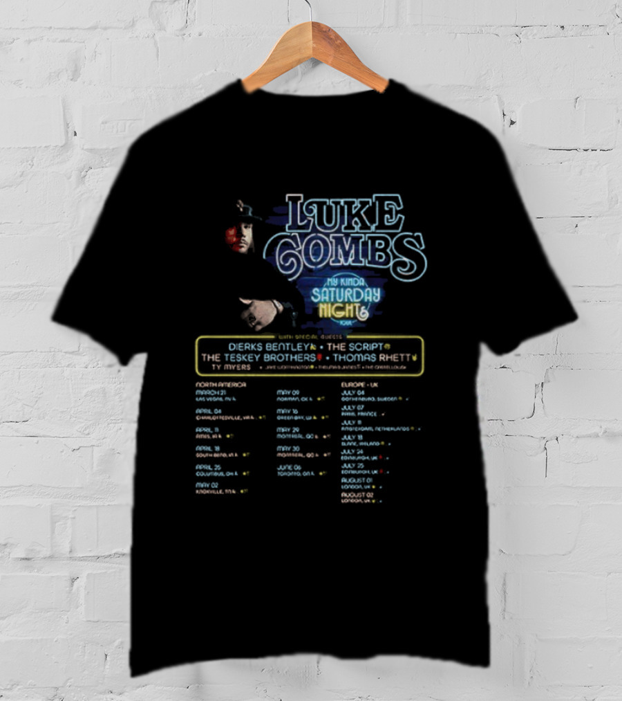 Luke Combs 2026 My Kinda Saturday Night Tour Dierks Bentley Kip Moore Tracy Byrd Thomas Rhett Events Dates T-Shirt