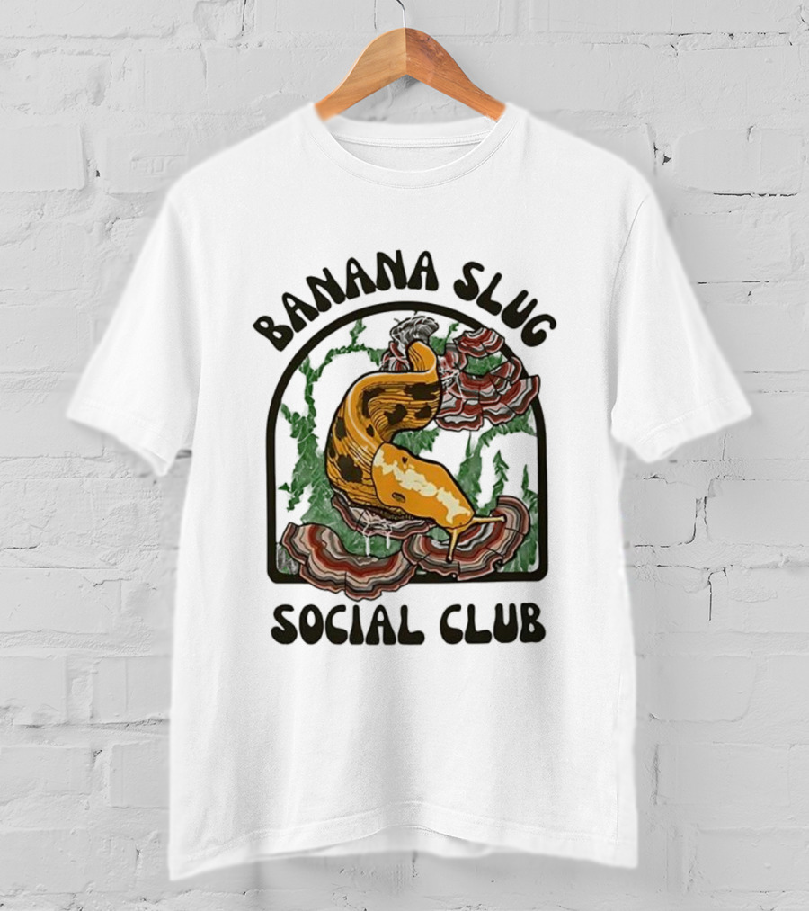 Banana Slug Social Club Nature-Inspired Design With Forest And Mushrooms T-Shirt