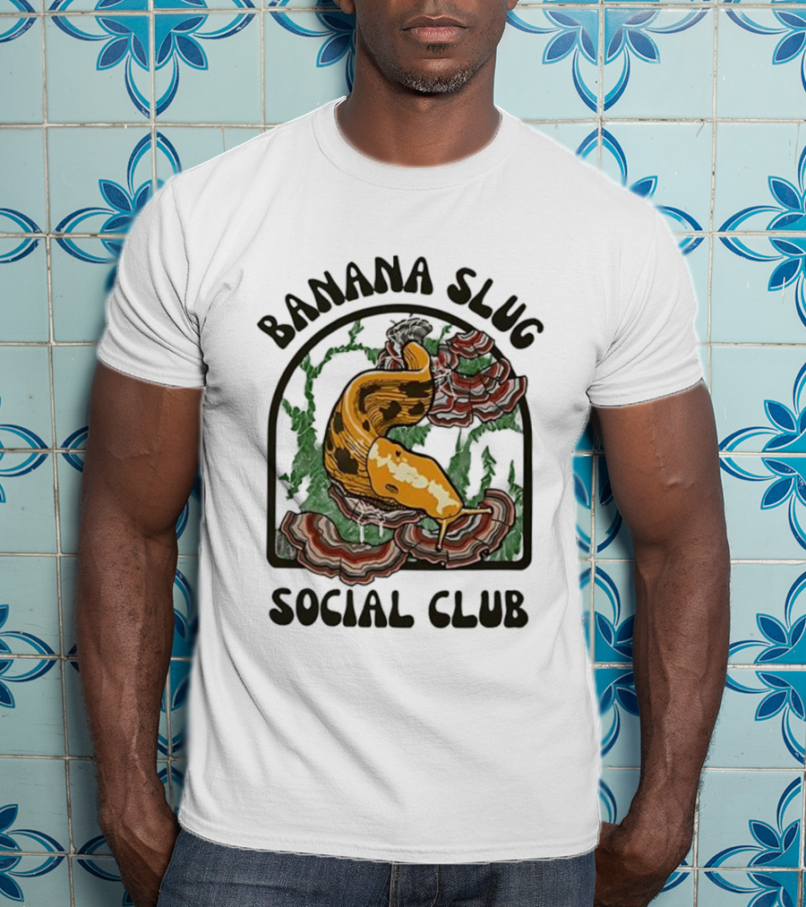 Banana Slug Social Club Nature-Inspired Design With Forest And Mushrooms T-Shirt