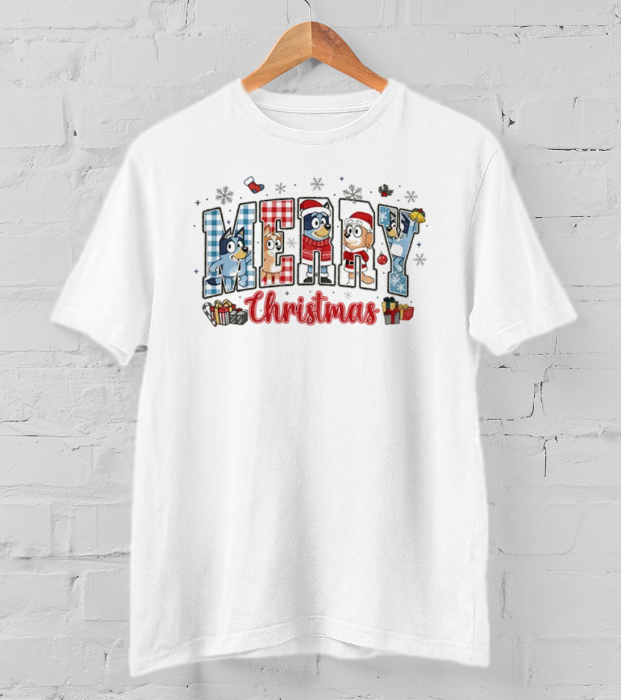 Merry Christmas Bluey Dog Friends In Santa Hats 2025 T-Shirt