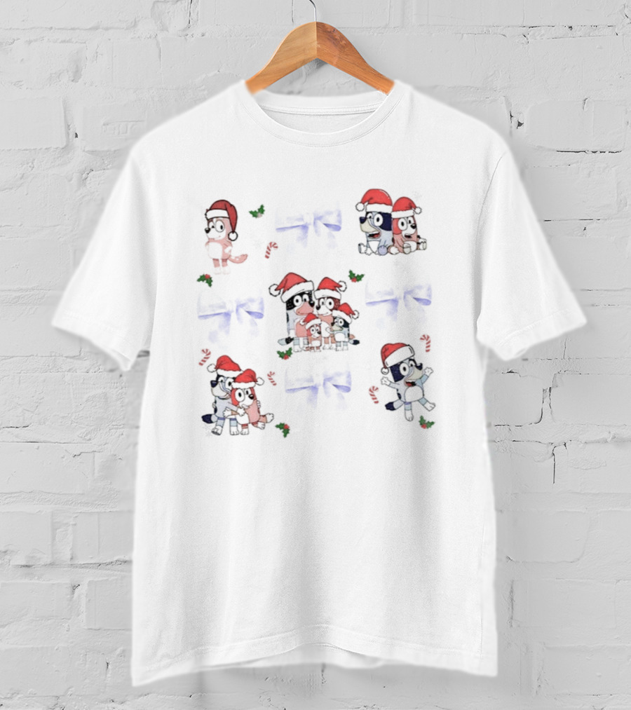 Coquette Blue Dog Bluey Snowman Christmas Episode Festive Holiday Santa Hats T-Shirt