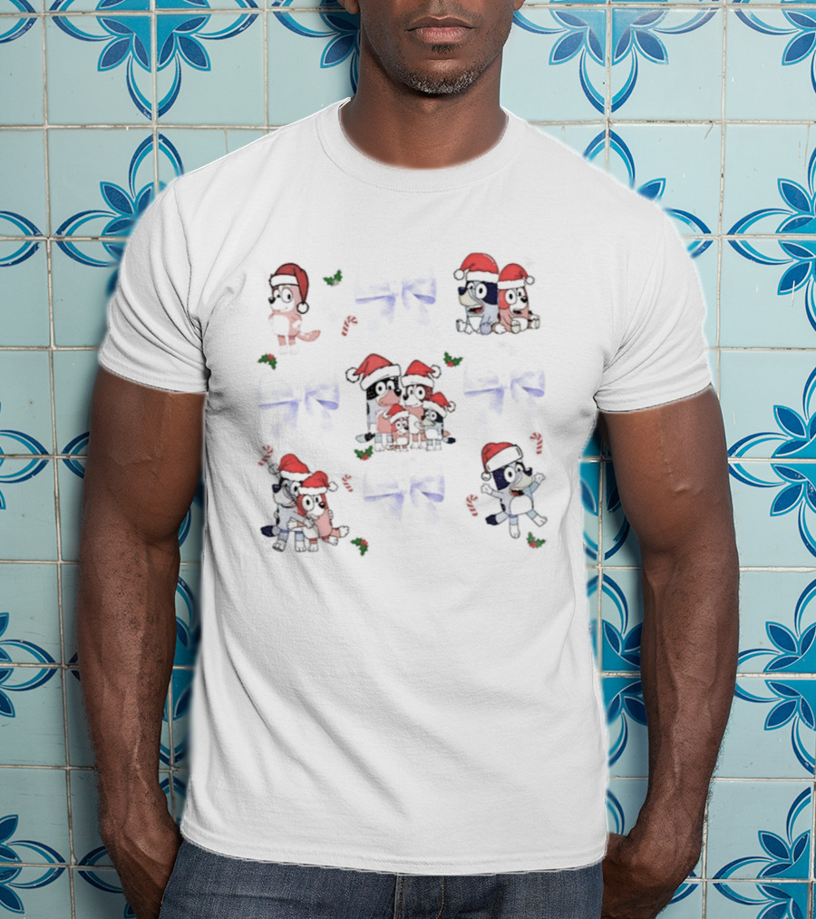 Coquette Blue Dog Bluey Snowman Christmas Episode Festive Holiday Santa Hats T-Shirt