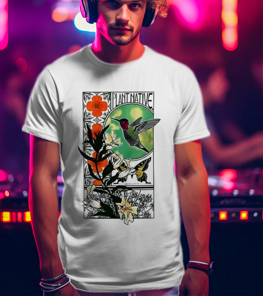 Plant Native Bird Hummingbird Floral Wildlife Scene T-Shirt