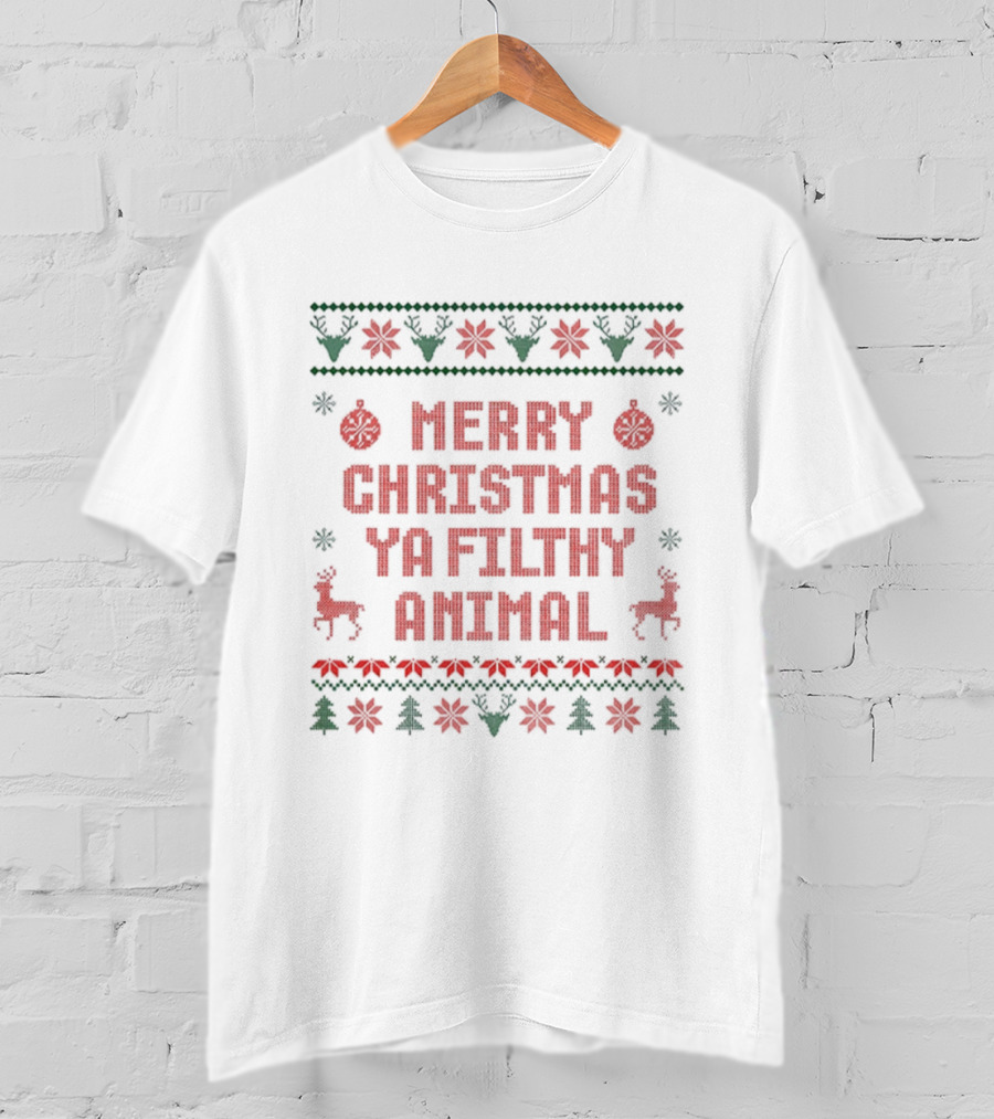 Merry Christmas Ya Filthy Animal Ugly Sweater 2025 Festive Holiday Poinsettia Reindeer T-Shirt