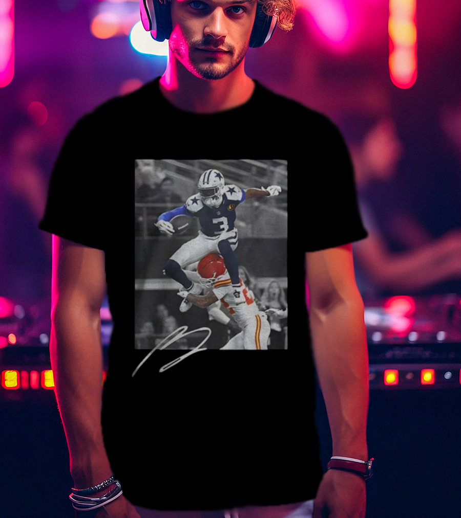 George Pickens Jumping Over Opponent Dallas Cowboys NFL Football Action Signature T-Shirt