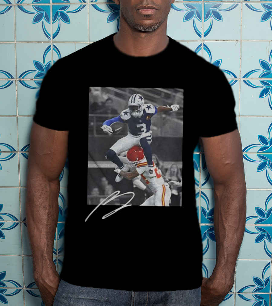 George Pickens Jumping Over Opponent Dallas Cowboys NFL Football Action Signature T-Shirt
