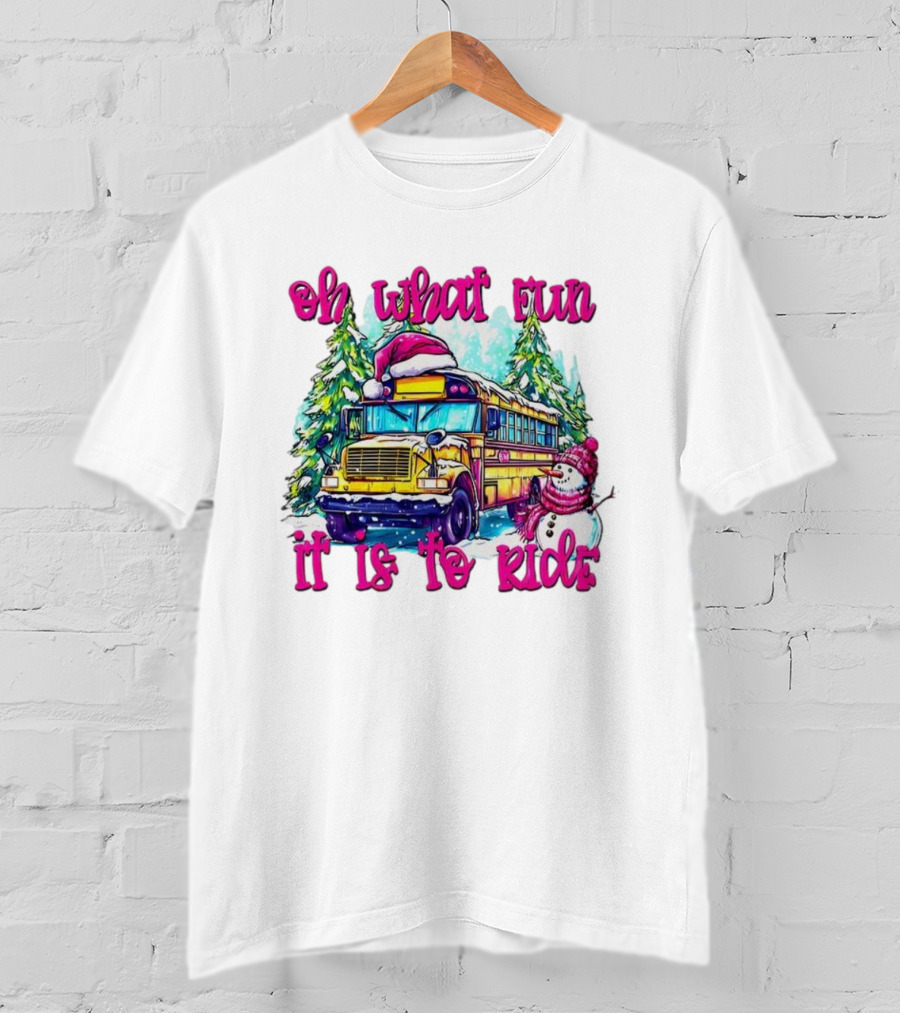 Oh What Fun It Is To Ride Christmas School Bus Snowman Scene T-Shirt