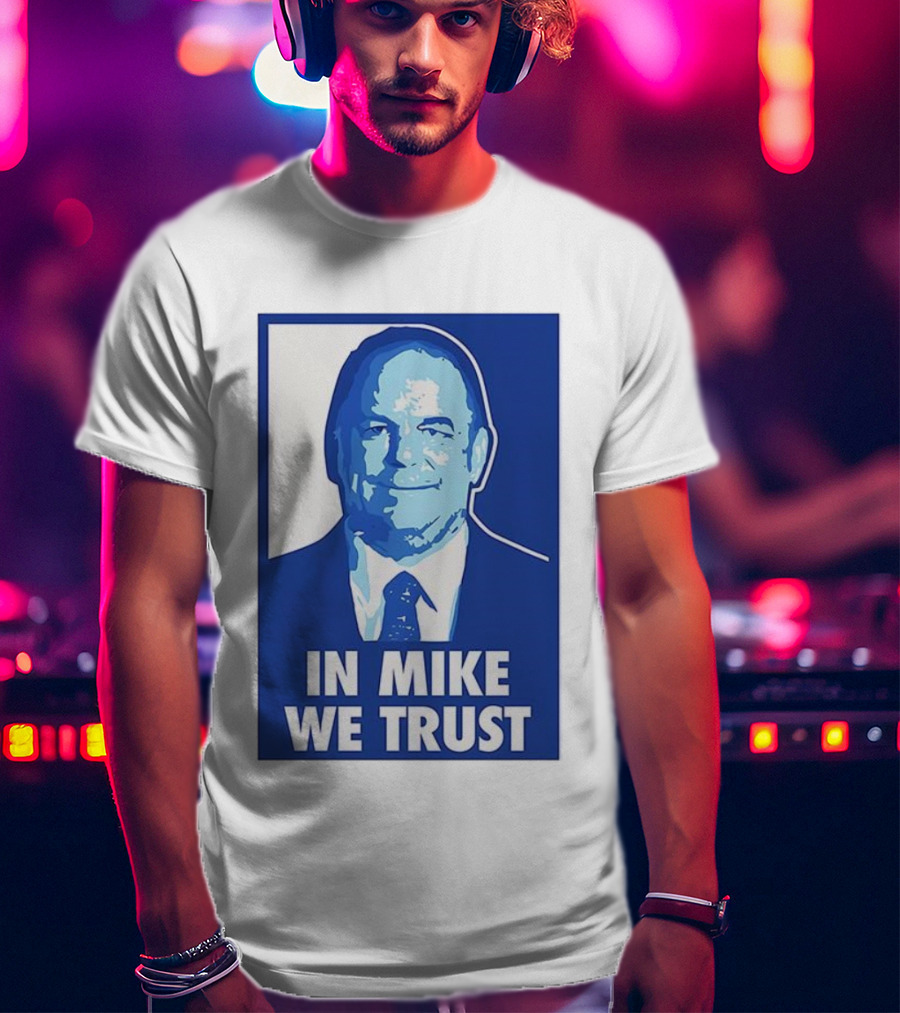 In Mike We Trust Mike Elko Blue Portrait T-Shirt