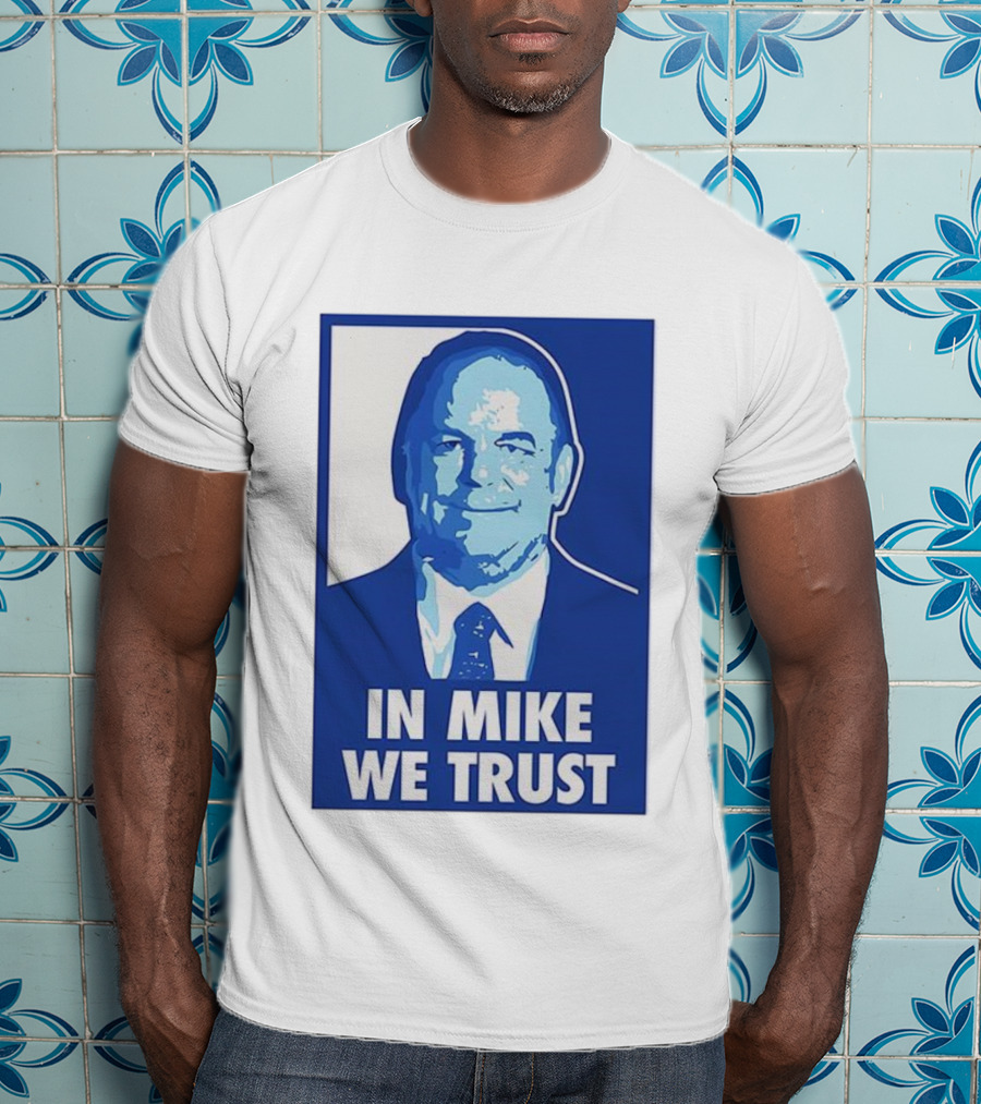 In Mike We Trust Mike Elko Blue Portrait T-Shirt