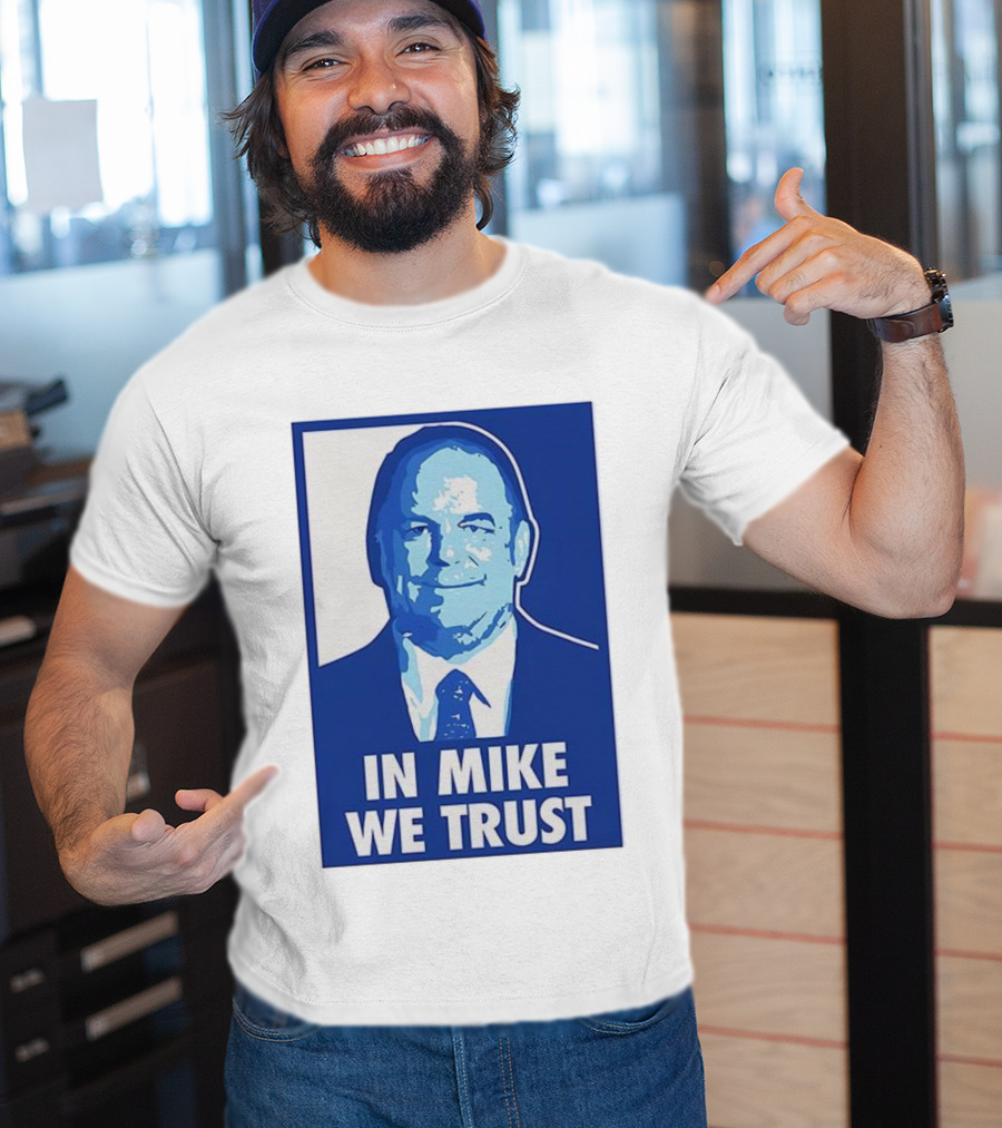 In Mike We Trust Mike Elko Blue Portrait T-Shirt