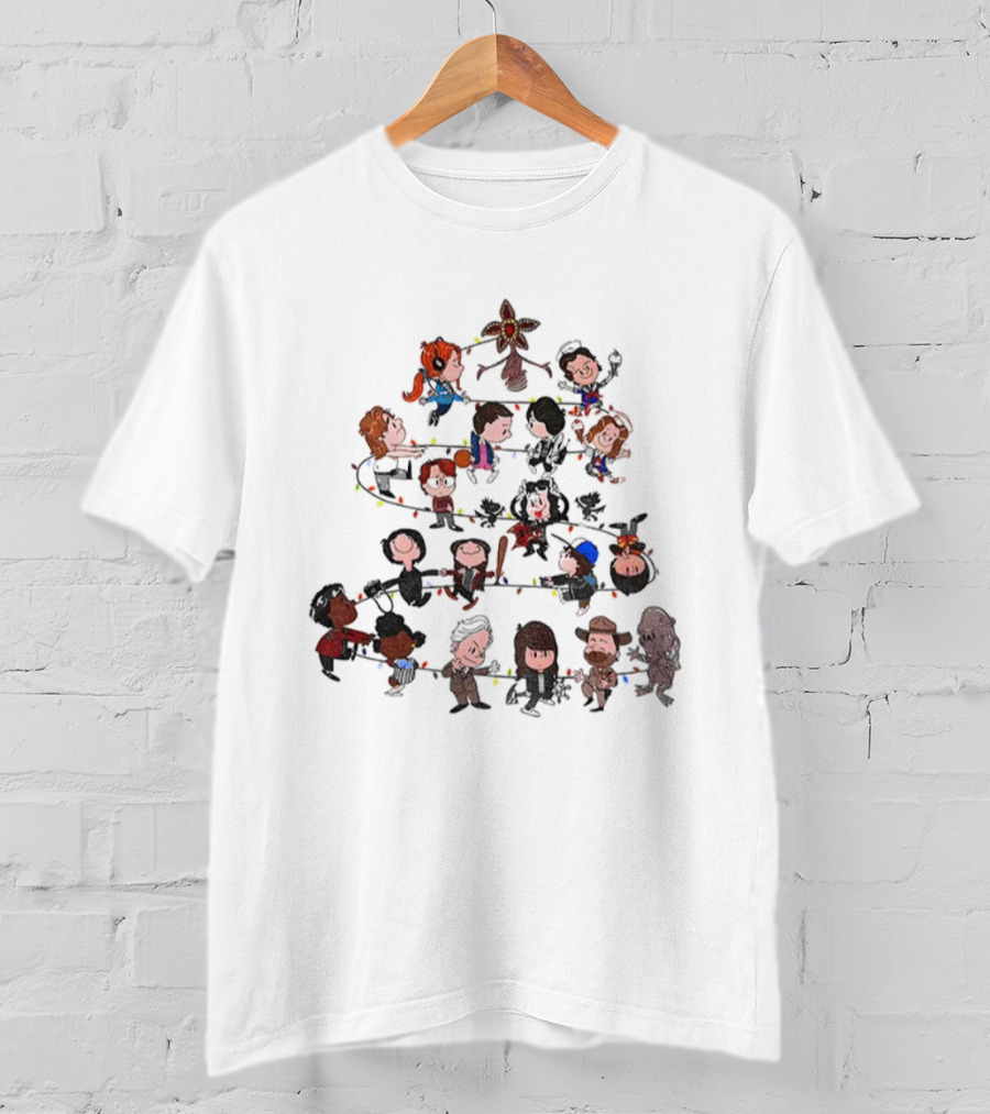 Stranger Things Characters Cartoon Style Christmas Tree With Demogorgon Topper And Holiday Lights T-Shirt