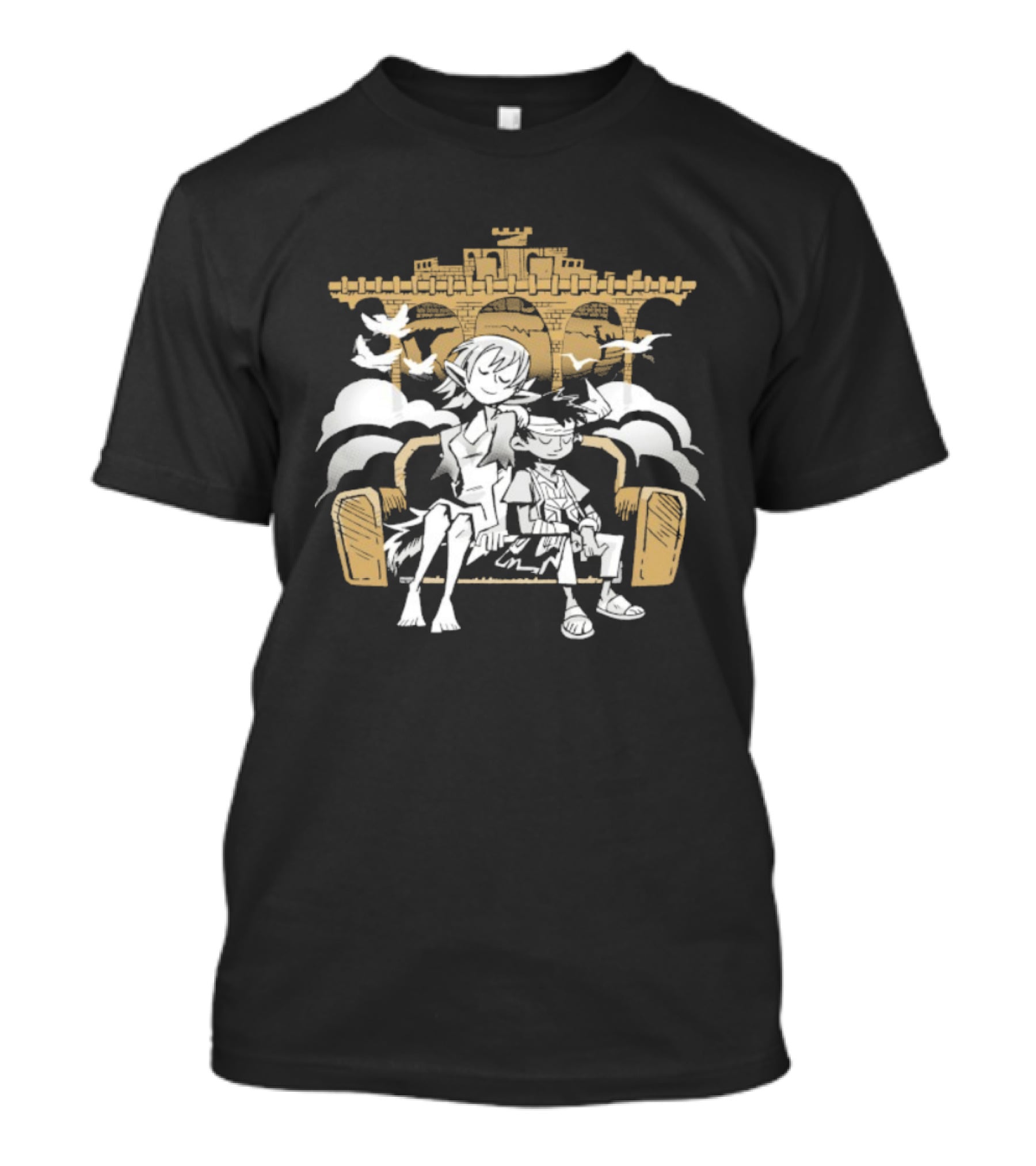 Cigardoesart Misty Respite Cityscape And Doves Illustration T-Shirt