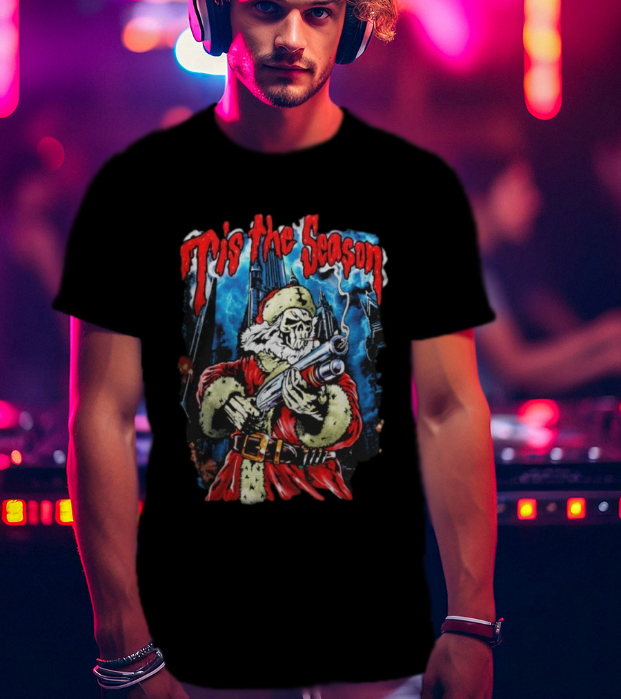 Warren Lotas Tis The Season Skull Santa Holding Shotgun T-Shirt