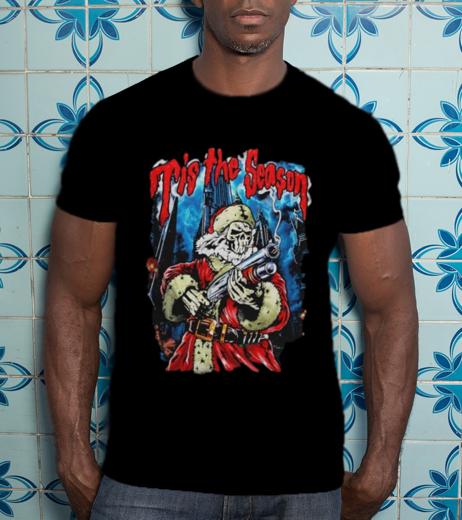 Warren Lotas Tis The Season Skull Santa Holding Shotgun T-Shirt