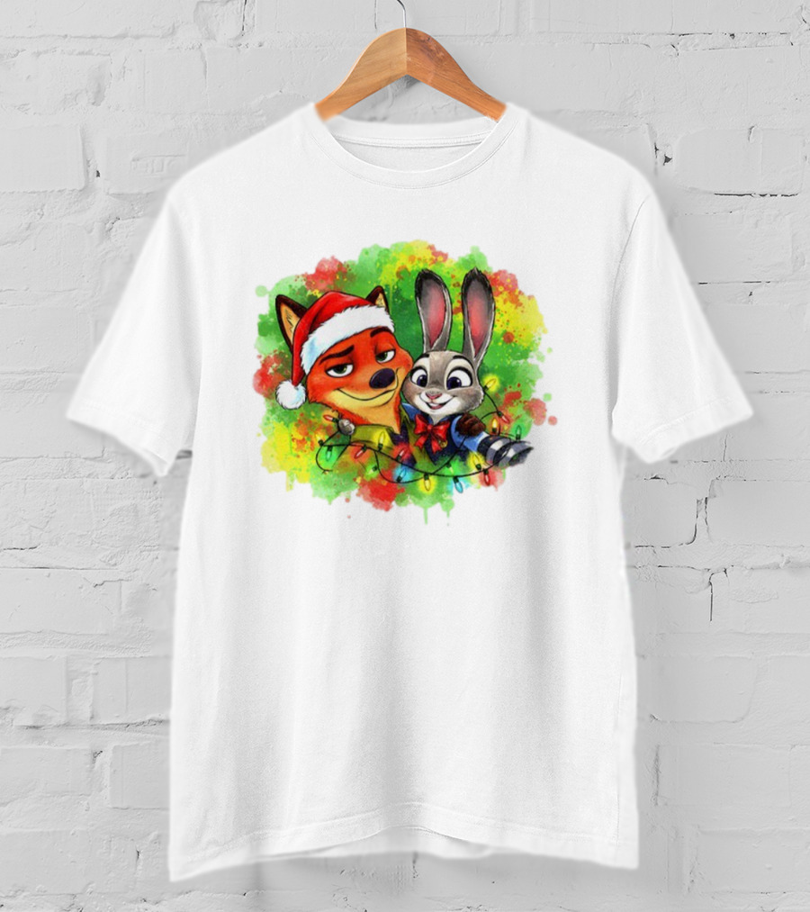 Couple Fox And Bunny Zootopia 2 Santa Hat Merry Christmas Holiday Lights T-Shirt