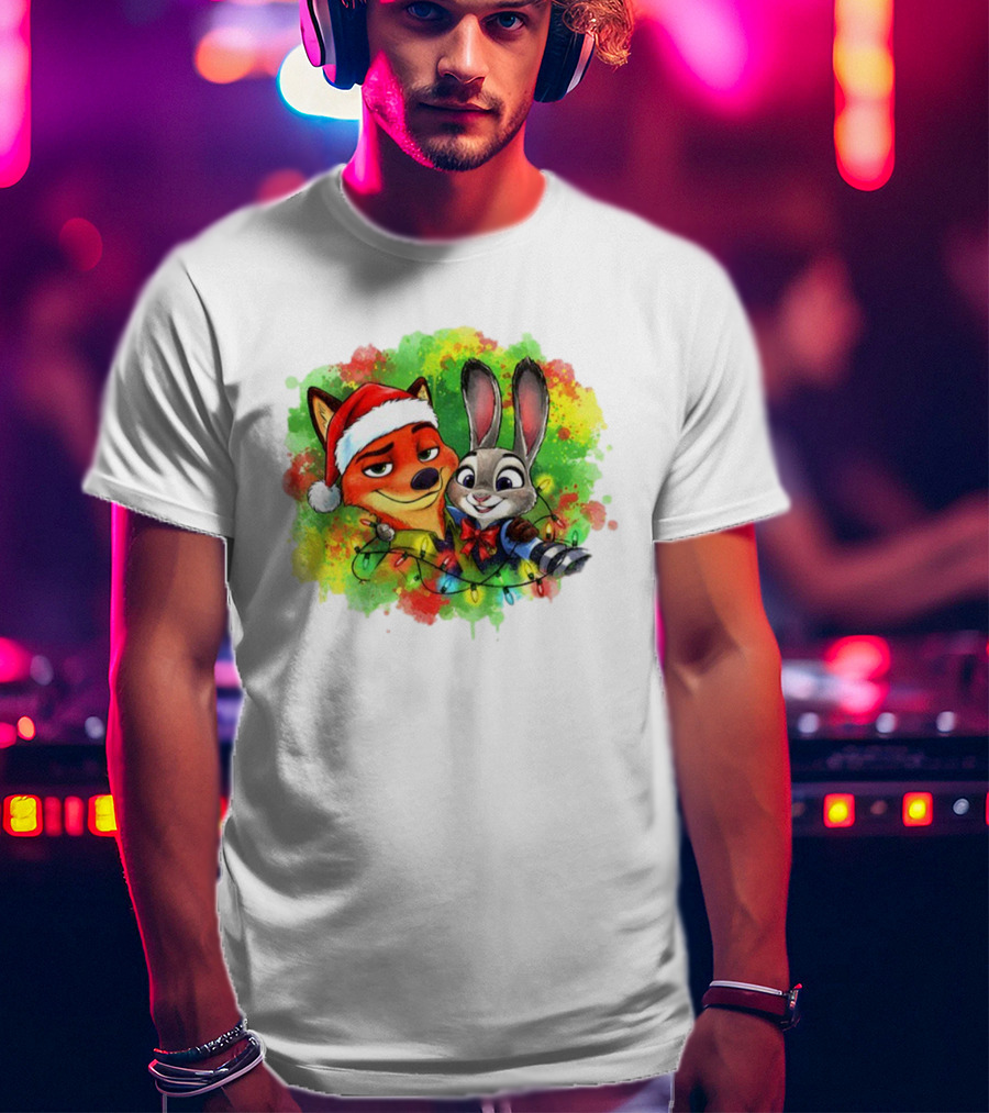 Couple Fox And Bunny Zootopia 2 Santa Hat Merry Christmas Holiday Lights T-Shirt