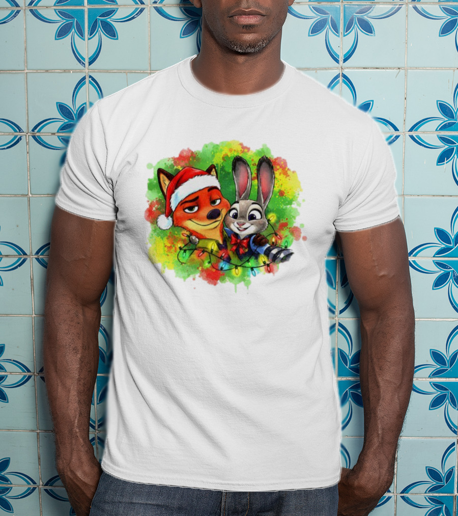 Couple Fox And Bunny Zootopia 2 Santa Hat Merry Christmas Holiday Lights T-Shirt