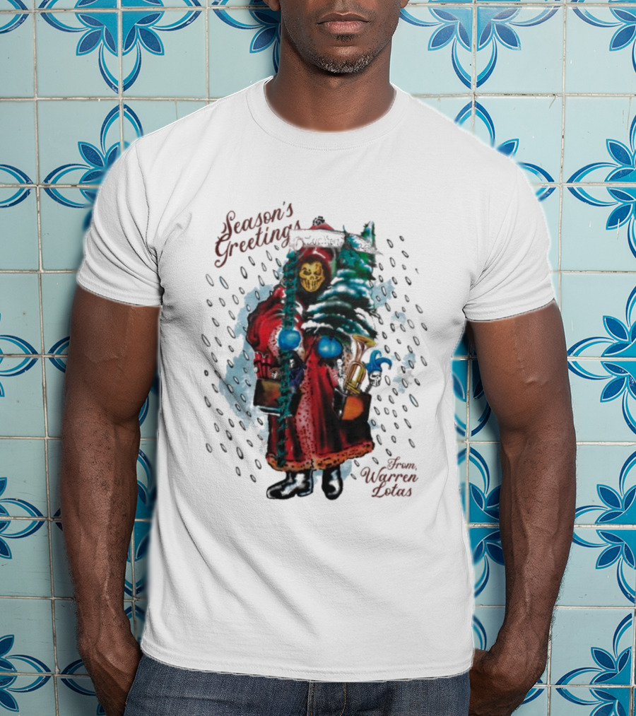 Season's Greetings From Warren Lotas Christmas Skeleton In Santa Robe T-Shirt