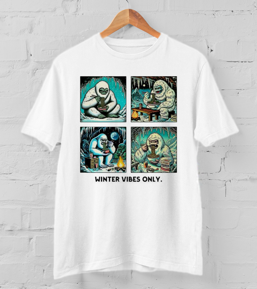 Winter Vibes Yeti Enjoying Ramen Under Icy Cave T-Shirt