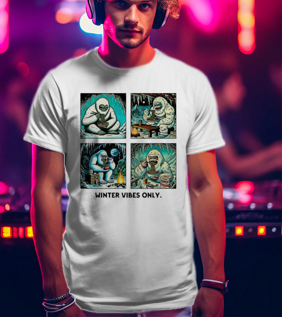 Winter Vibes Yeti Enjoying Ramen Under Icy Cave T-Shirt