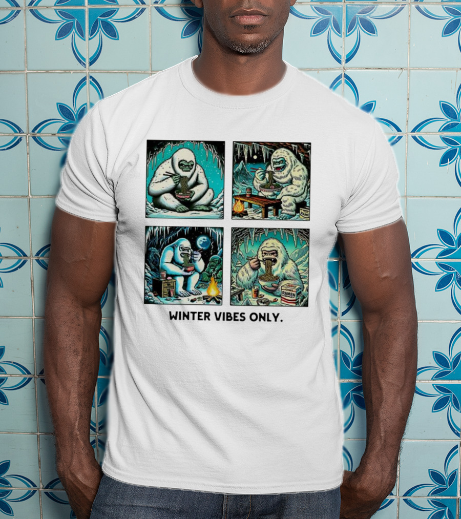 Winter Vibes Yeti Enjoying Ramen Under Icy Cave T-Shirt