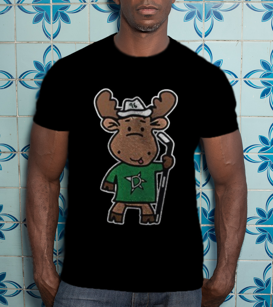 Dallas Stars 2025 Kelly Green Moose Mascot Hockey Stick Star Logo T-Shirt
