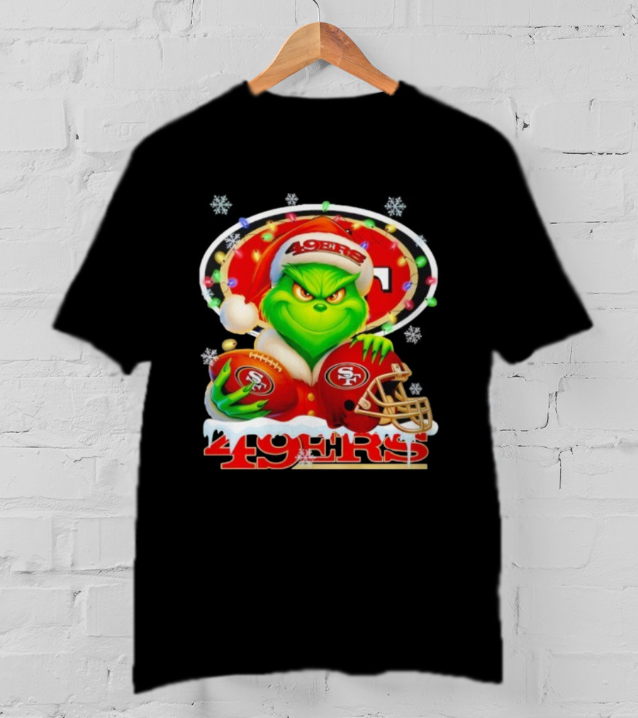 Grinch Holding Football And Helmet San Francisco 49ers Merry Christmas 49ers T-Shirt