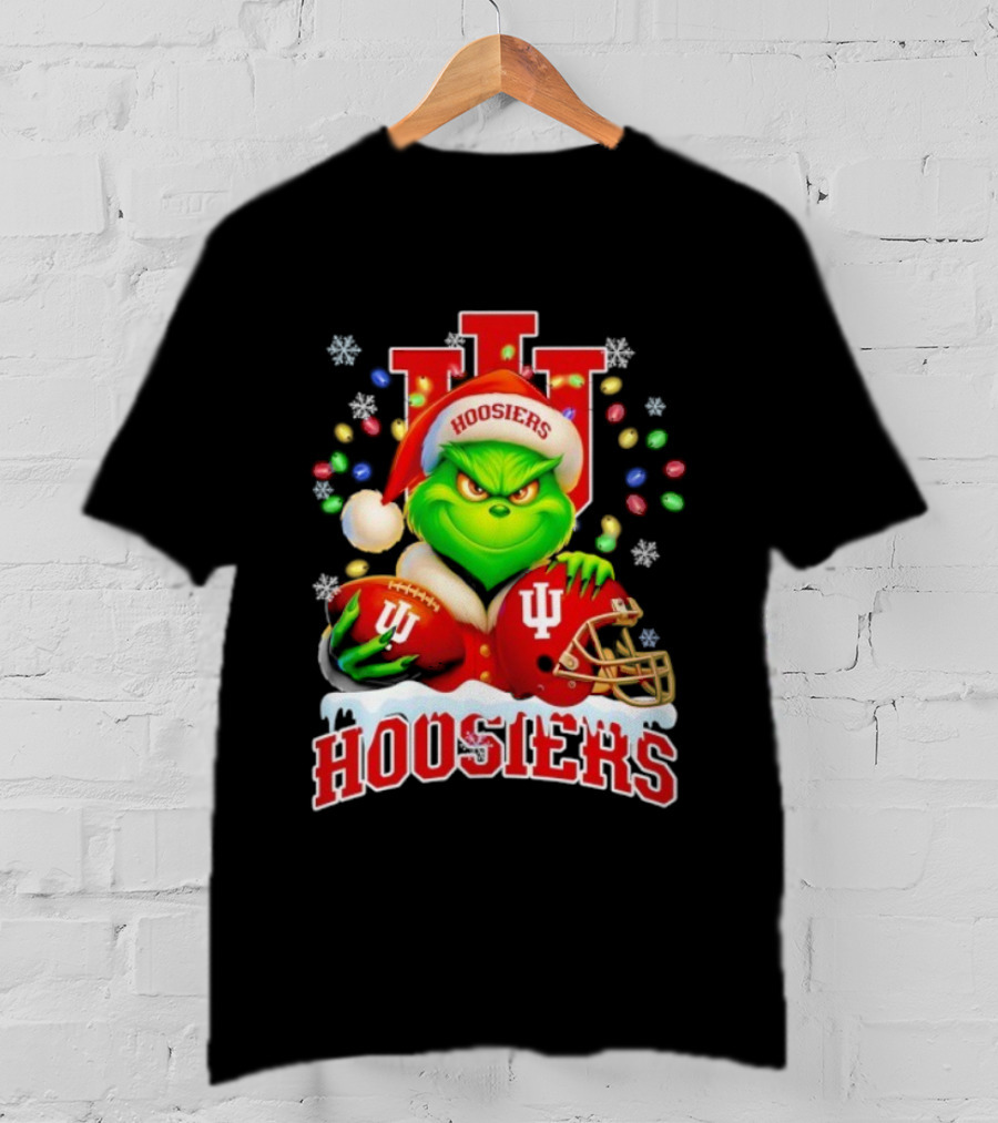 Grinch Santa With Indiana Hoosiers Football Helmet Christmas Theme T-Shirt