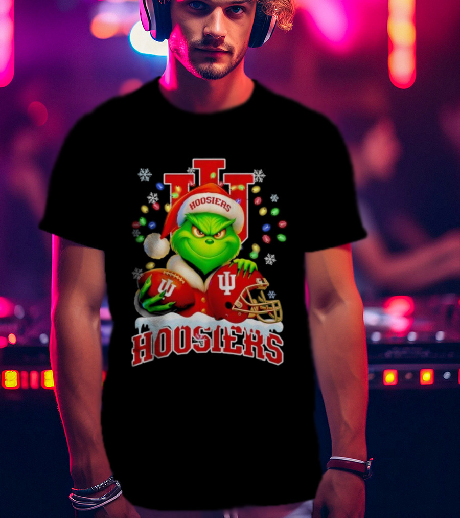 Grinch Santa With Indiana Hoosiers Football Helmet Christmas Theme T-Shirt
