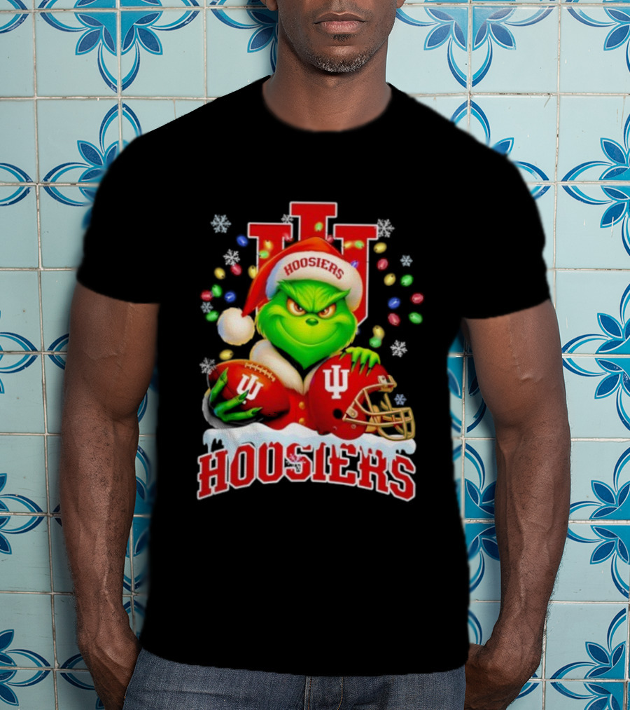 Grinch Santa With Indiana Hoosiers Football Helmet Christmas Theme T-Shirt