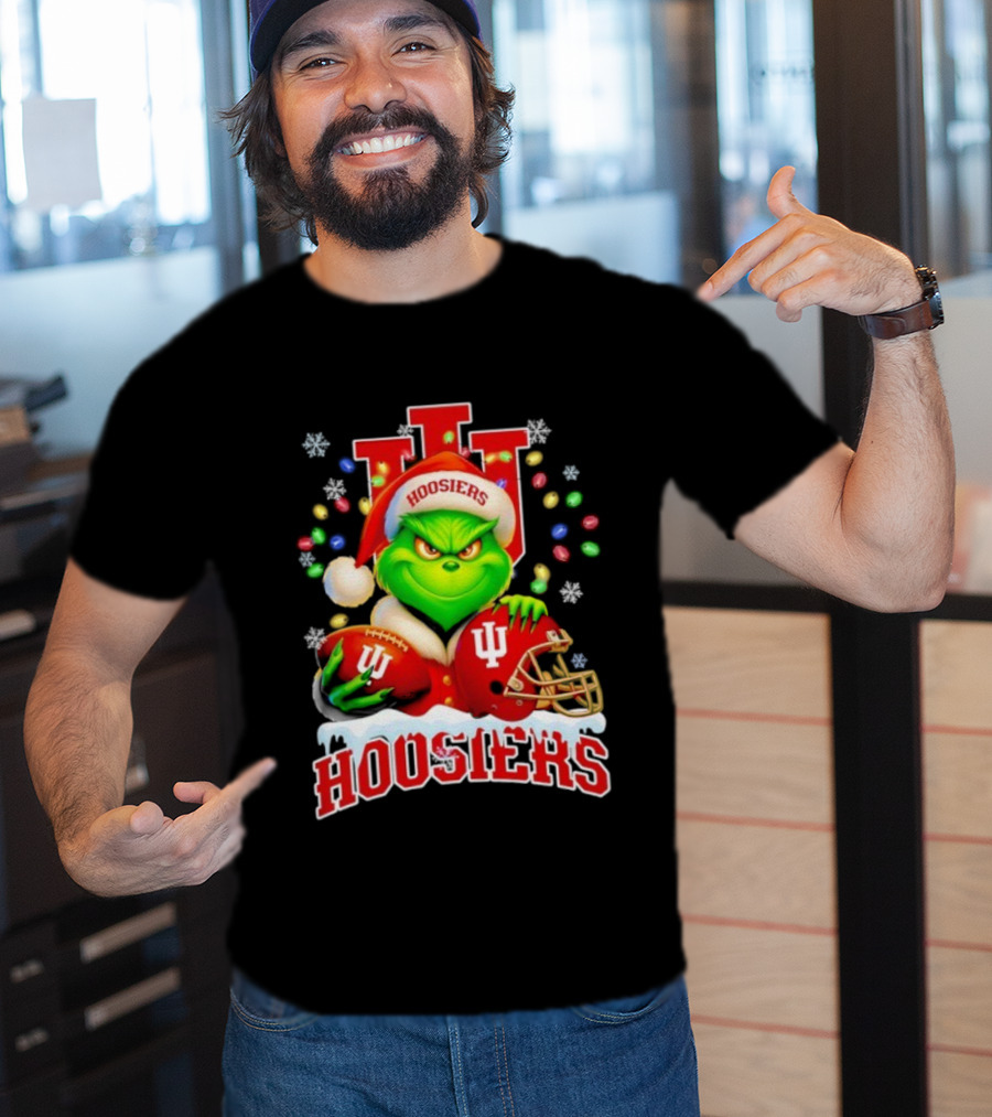 Grinch Santa With Indiana Hoosiers Football Helmet Christmas Theme T-Shirt