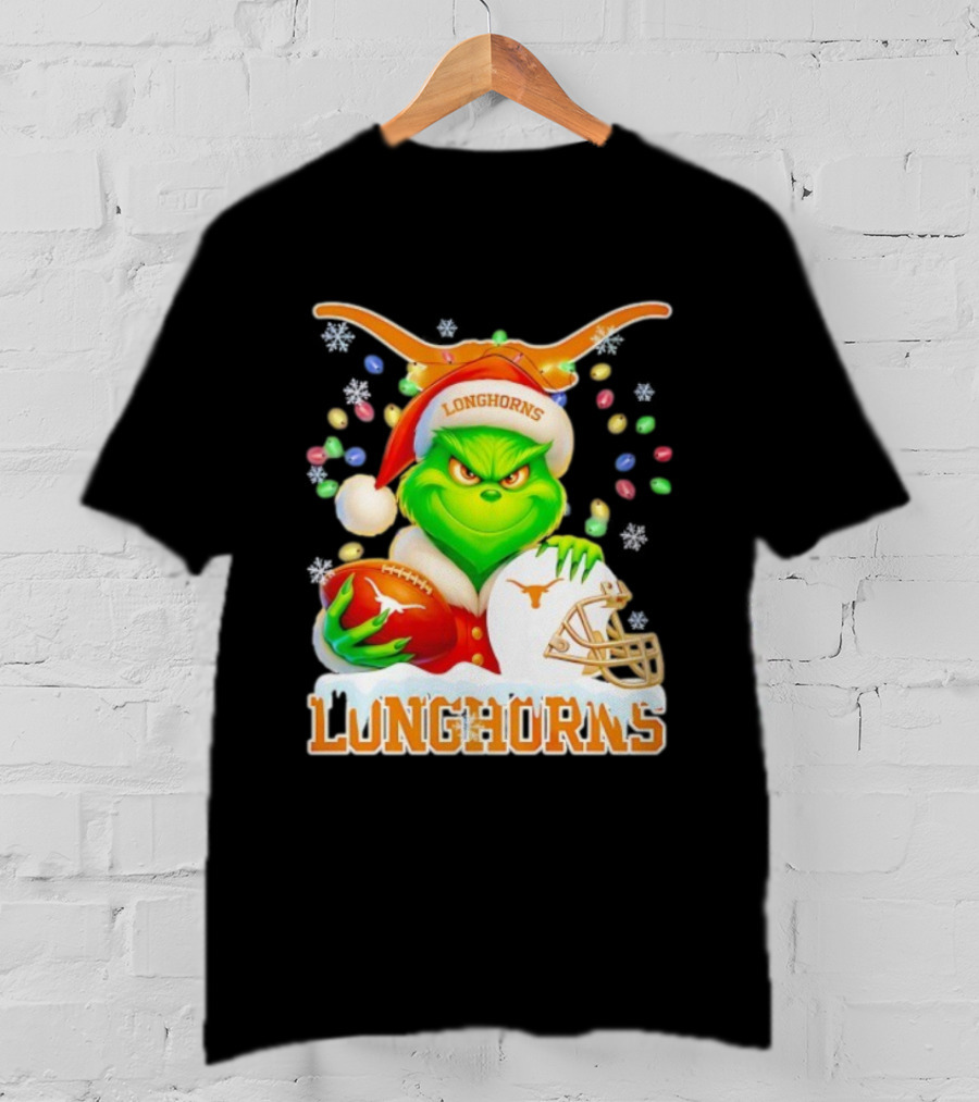 Grinch With Texas Longhorns Christmas Football Helmet And Santa Hat T-Shirt
