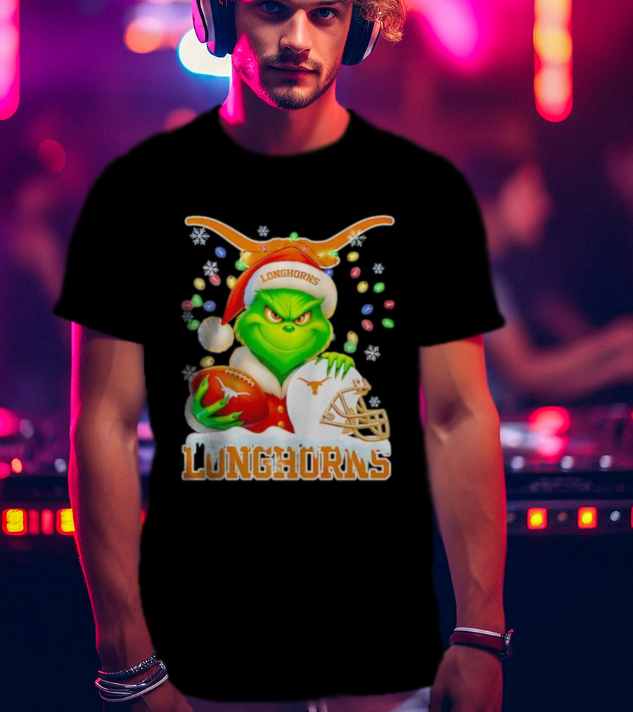 Grinch With Texas Longhorns Christmas Football Helmet And Santa Hat T-Shirt