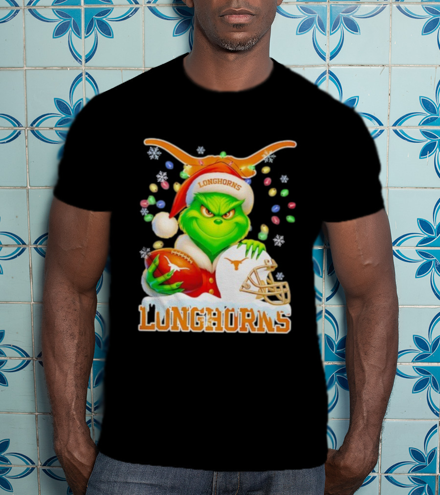 Grinch With Texas Longhorns Christmas Football Helmet And Santa Hat T-Shirt