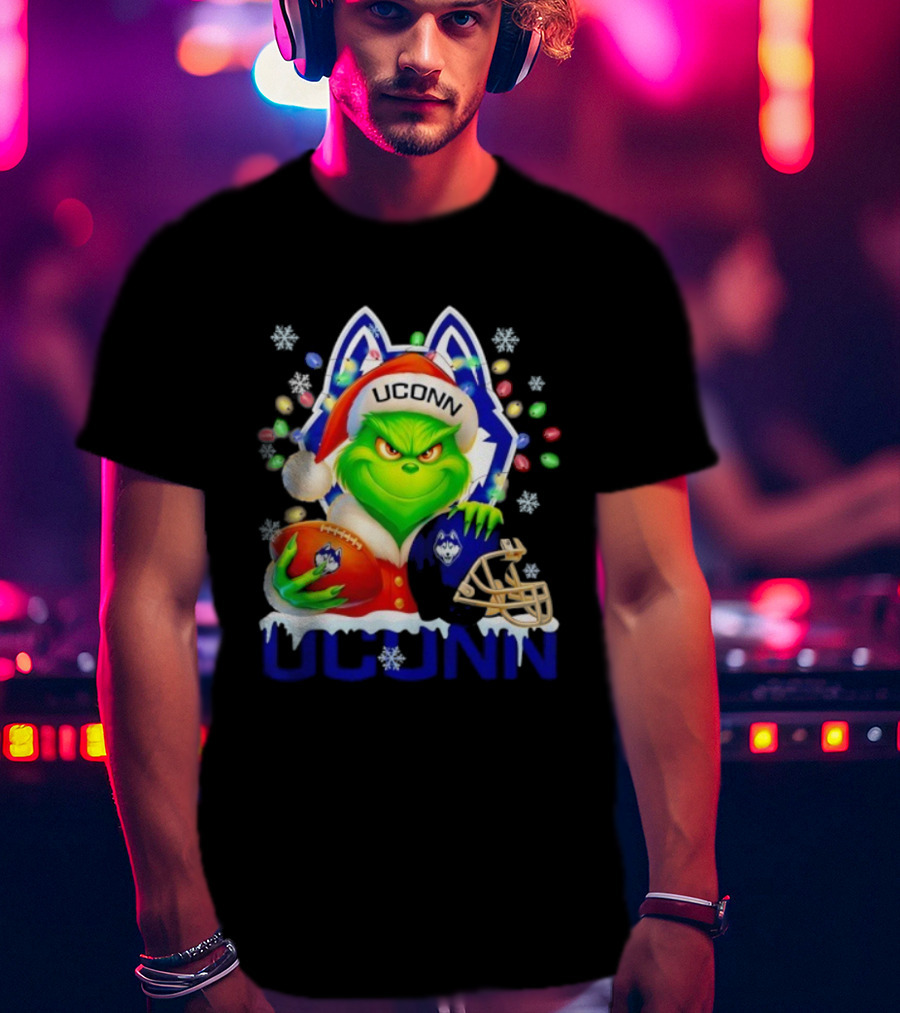 Grinch Wearing Santa Hat With UConn Huskies Football And Helmet Merry Christmas T-Shirt