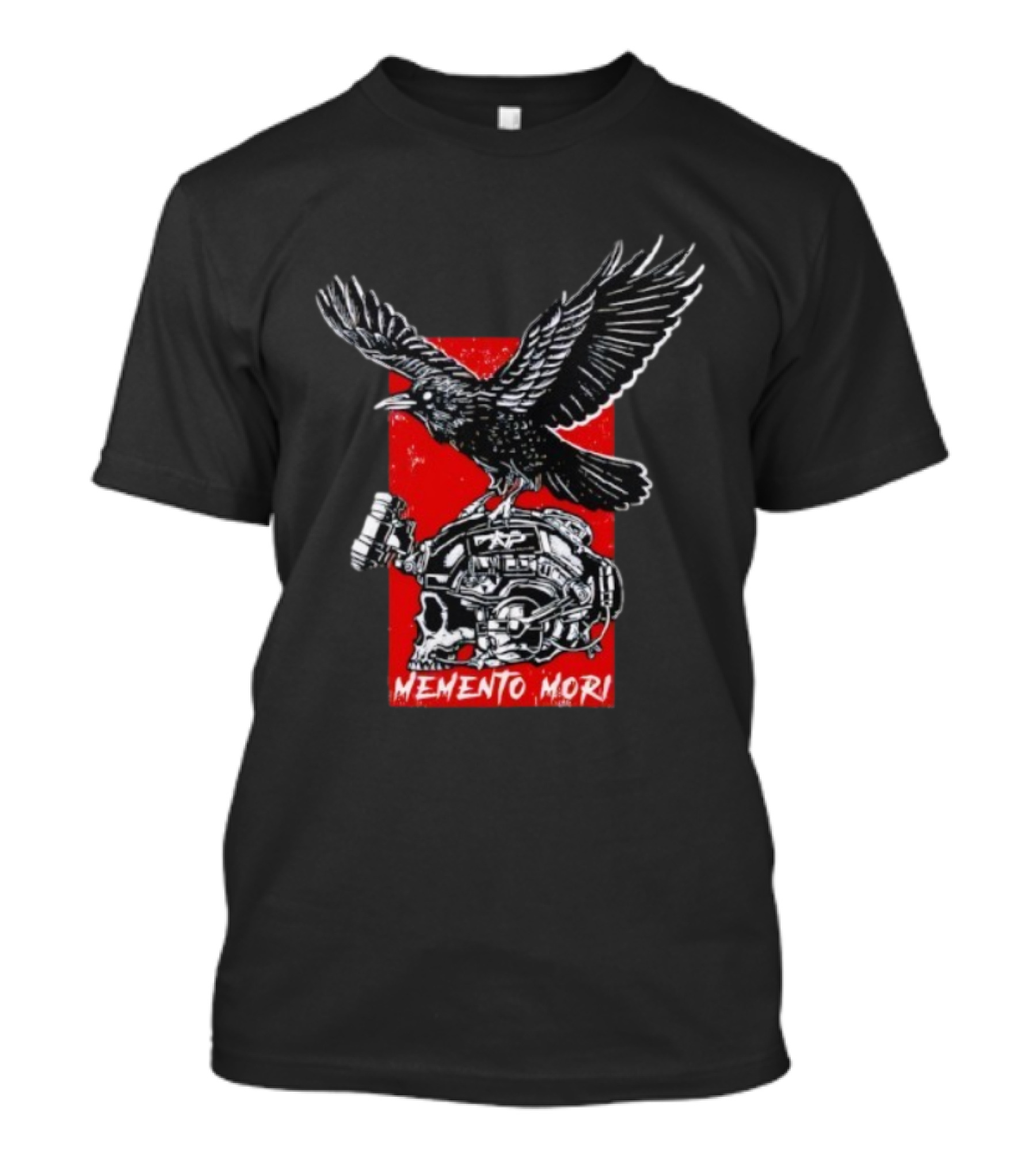 Raven Memento Mori Skull Helmet Red Background T-Shirt