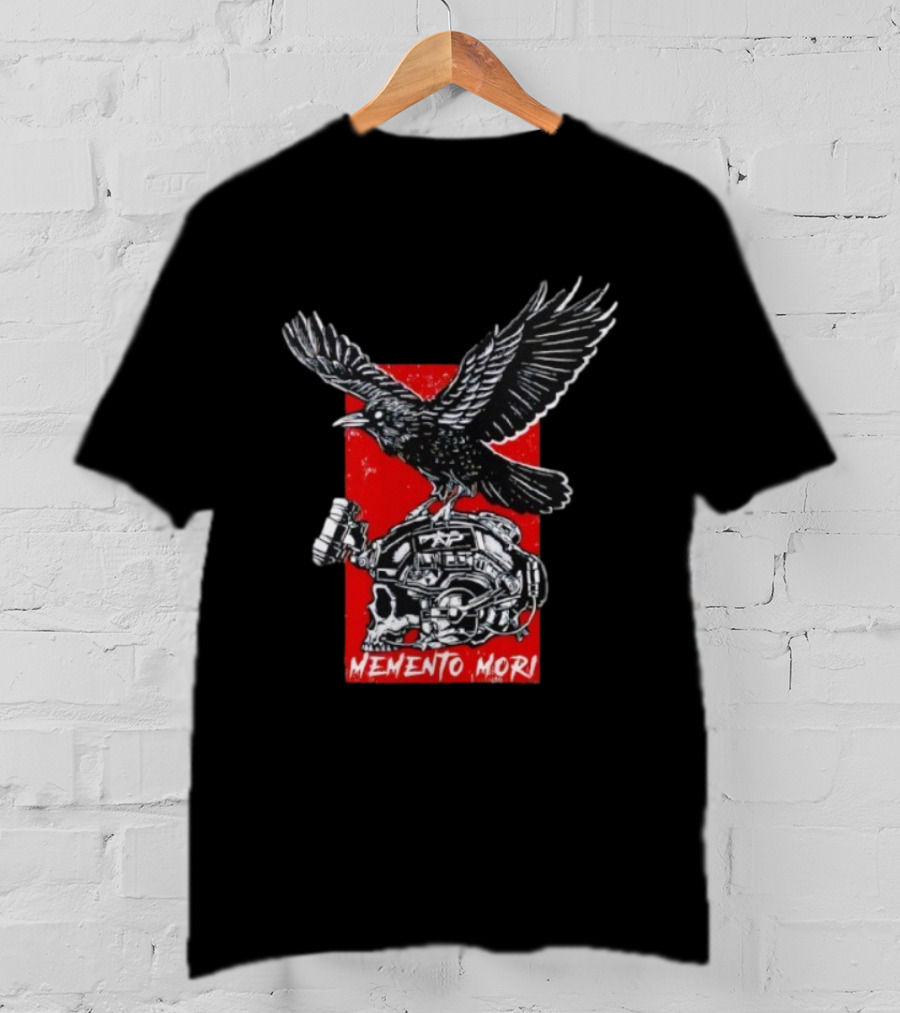 Raven Memento Mori Skull Helmet Red Background T-Shirt
