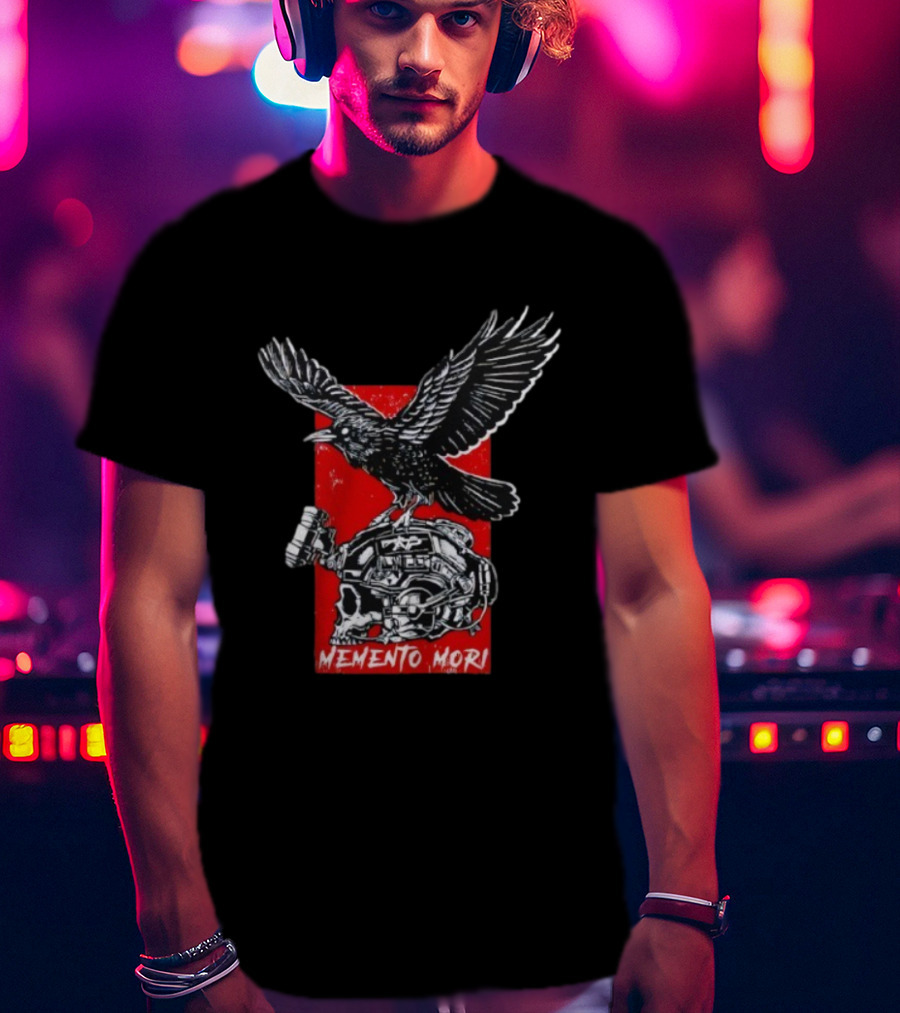 Raven Memento Mori Skull Helmet Red Background T-Shirt
