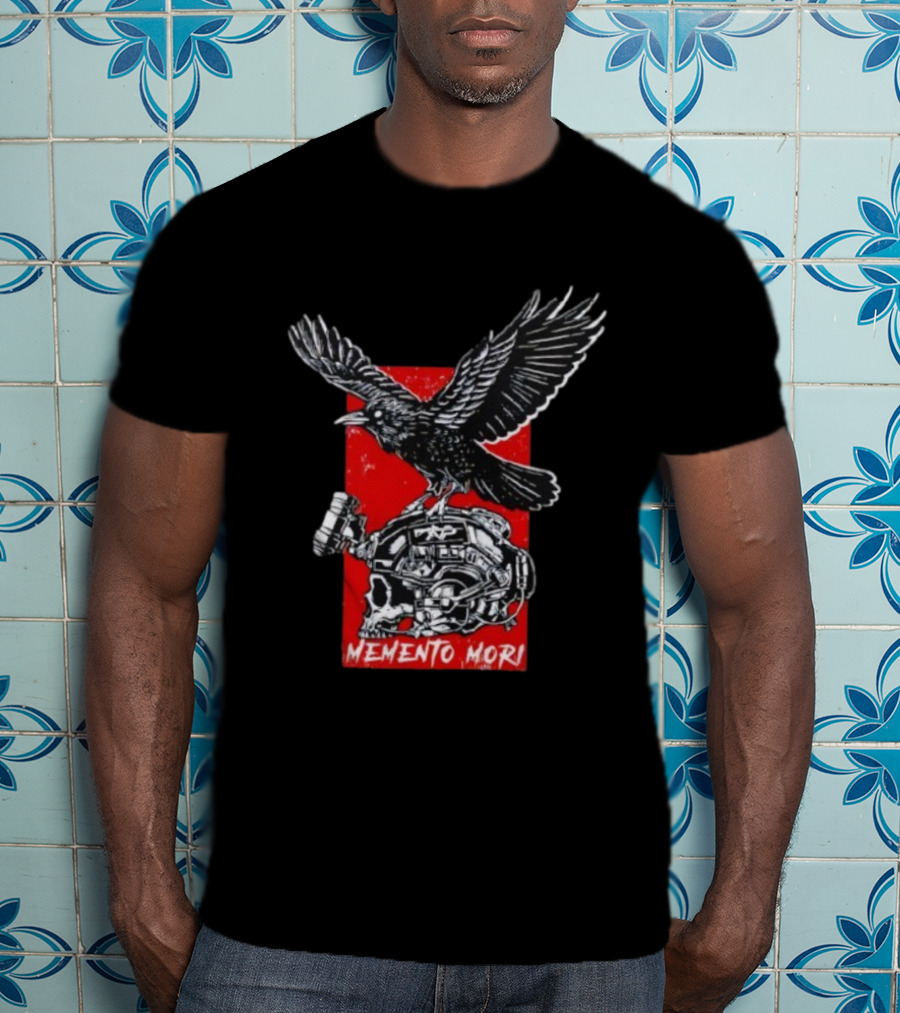 Raven Memento Mori Skull Helmet Red Background T-Shirt