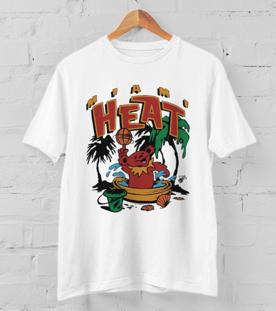 Grateful Dead Bear Miami Heat Basketball Palm Trees Beach Theme T-Shirt