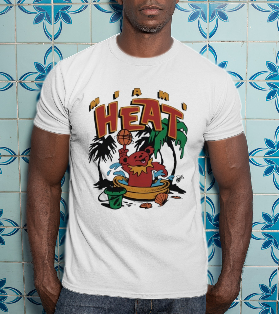 Grateful Dead Bear Miami Heat Basketball Palm Trees Beach Theme T-Shirt