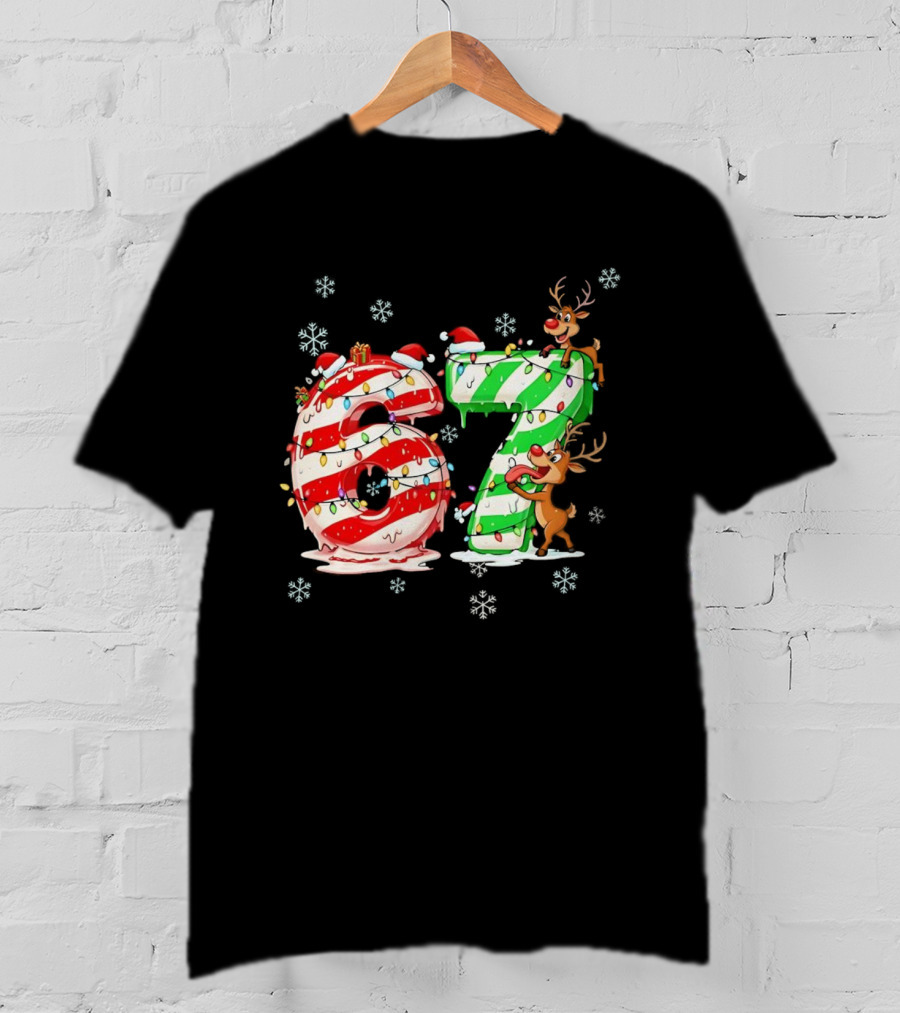 67 Christmas Reindeer Candy Cane Lights Snowflakes T-Shirt