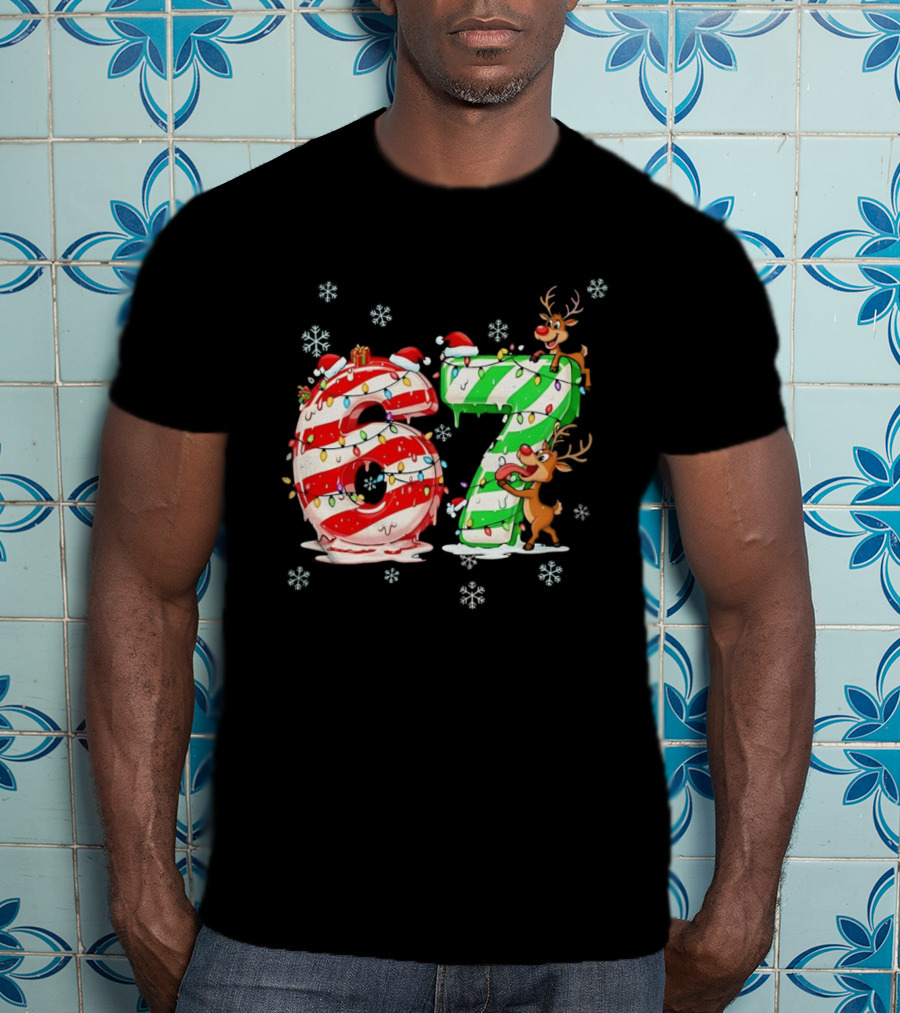 67 Christmas Reindeer Candy Cane Lights Snowflakes T-Shirt