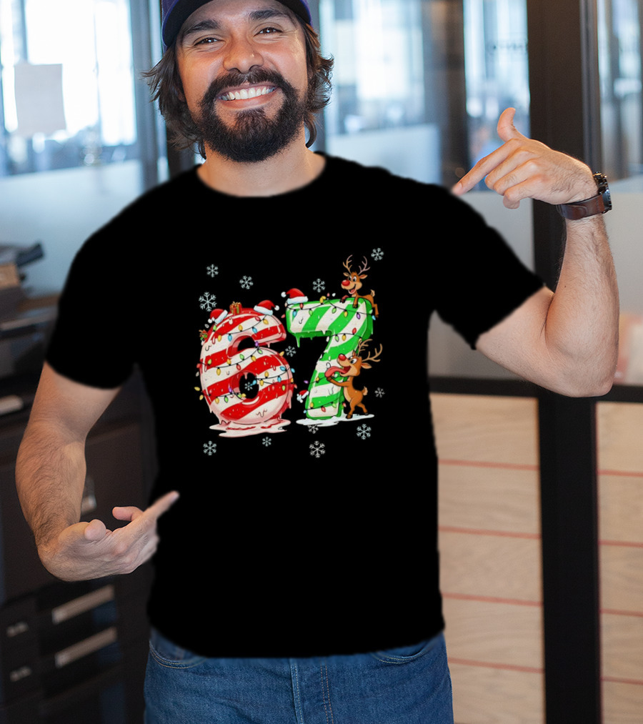 67 Christmas Reindeer Candy Cane Lights Snowflakes T-Shirt