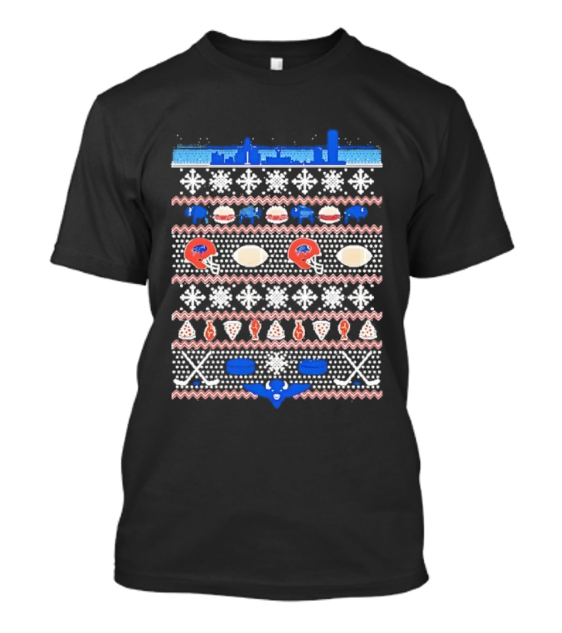 Buffalo Bills Football Skyline Ugly Christmas Sweater With Helmets And Snowflakes T-Shirt