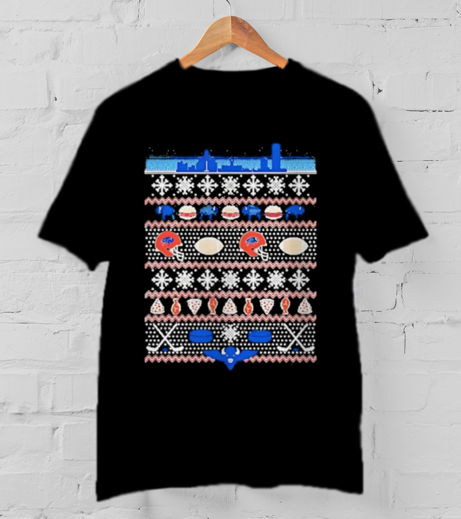 Buffalo Bills Football Skyline Ugly Christmas Sweater With Helmets And Snowflakes T-Shirt