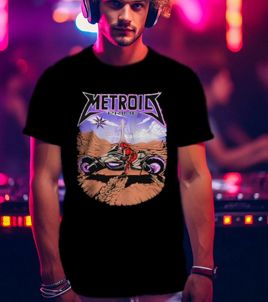 Metroid Prime Sci-Fi Landscape With Armored Character And Alien Desert Scene T-Shirt