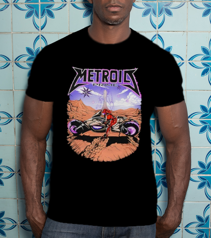 Metroid Prime Sci-Fi Landscape With Armored Character And Alien Desert Scene T-Shirt