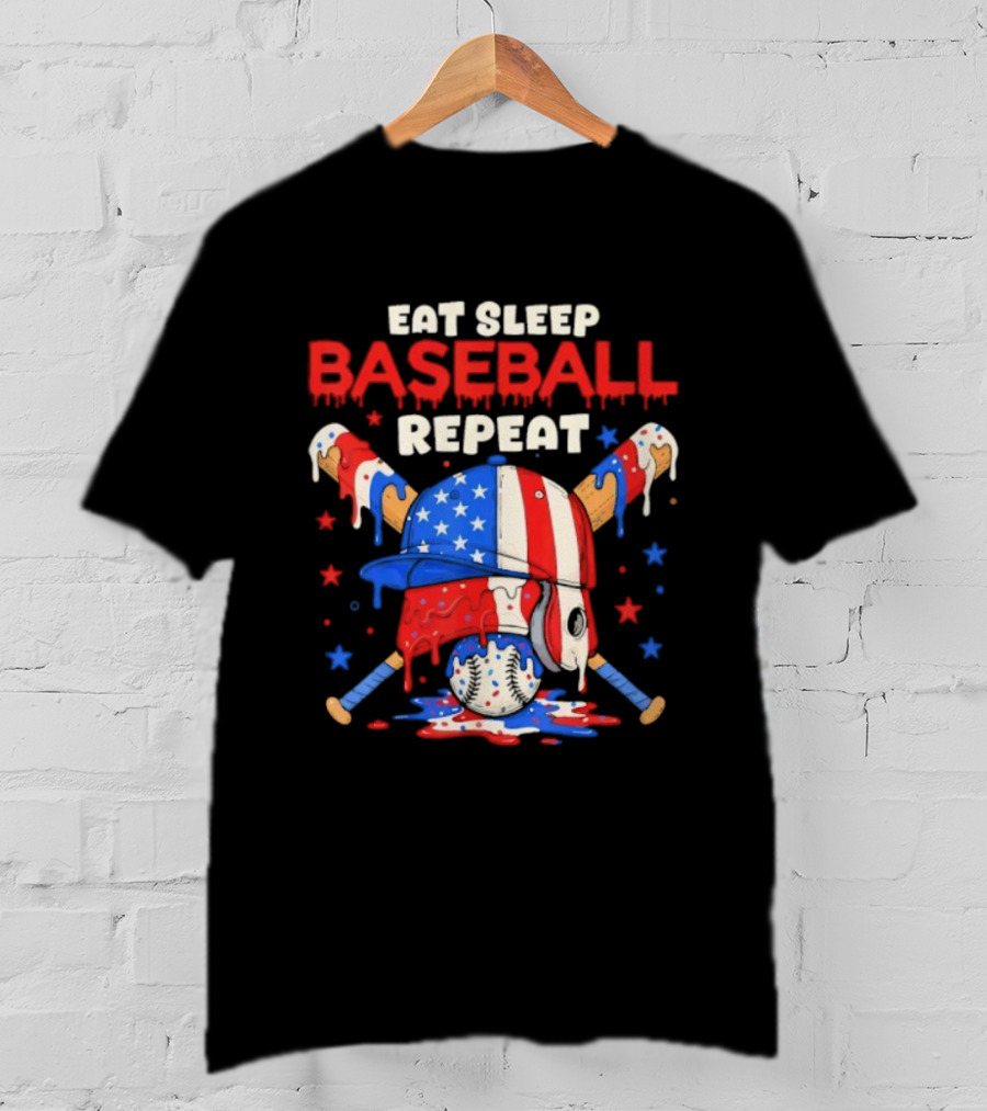 Eat Sleep Baseball Repeat Funny Ice Cream Drip Patriotic Crossed Bats T-Shirt