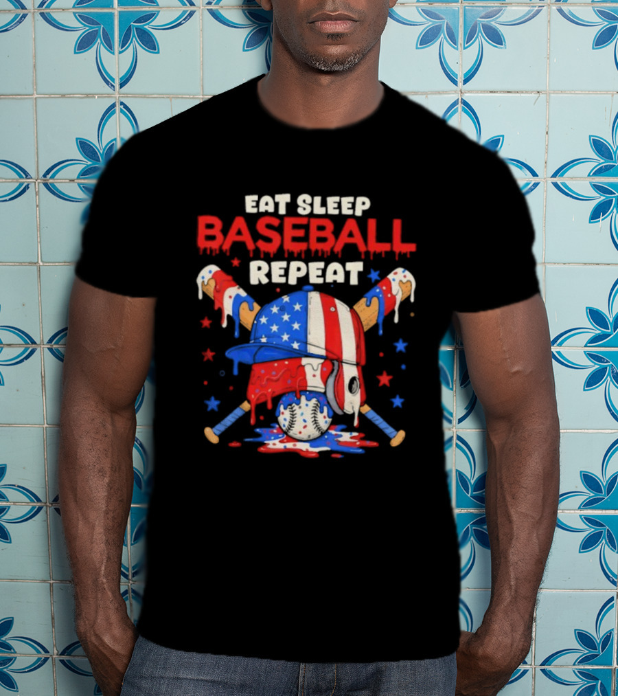 Eat Sleep Baseball Repeat Funny Ice Cream Drip Patriotic Crossed Bats T-Shirt